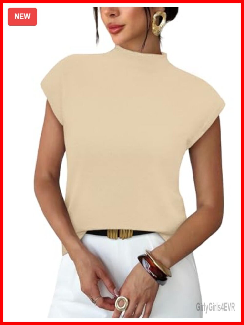Womens Mock Neck Cap Sleeve Lightweight Knit Summer Sweater Casual Office Top